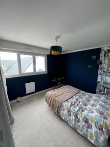 a bedroom with a bed and a blue wall at Maison proche centre ville in Quiberon +33 photos