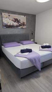 two beds in a bedroom with purple and white sheets at Apartman Koko with private jacuzzi in Makarska +54 photos