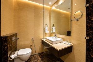 a bathroom with a toilet and a sink and a mirror at Hotel Paarth in Ludhiana