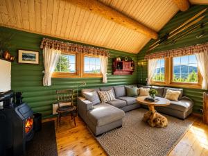 a living room with green walls and a couch and a stove at Cottage Yard - cozy Cabin in Geilo