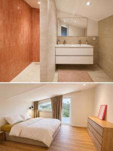two pictures of a bedroom with a bed and a bathroom at Villa Mave - Cascais in Estoril