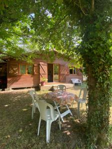 a table and chairs under a tree in front of a cabin at La Cabane des Bains in Marciac
