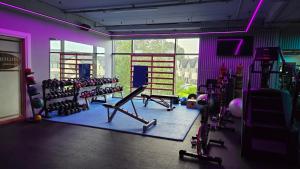 a gym with several treadmills and dumbbells at Raheen Woods Hotel in Athenry