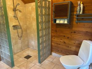 a bathroom with a shower and a toilet at Lommen in Dals Långed