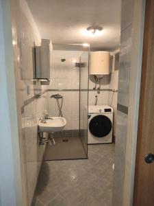 a small bathroom with a sink and a washing machine at Studio Apartment Posavec in Premantura +22 photos