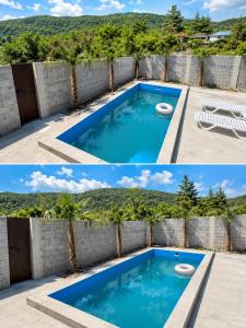 two pictures of a swimming pool with frisbees in it at Mountain breeze in Lagodekhi