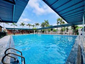 a large swimming pool with blue water and palm trees at Palette Sunset Garden Tam Coc in Ninh Binh