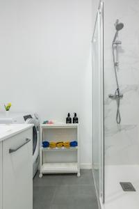 a bathroom with a shower and a washing machine at Studio New Complete 4 pax in Madrid