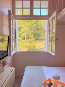 a bedroom with a bed and a large window at La Boîte Rose - Studio plage de l'Almanarre in Hyères