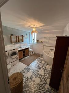 a bathroom with a tub and a sink and a washing machine at Domaine de Camentroun in Pomarez +12 photos