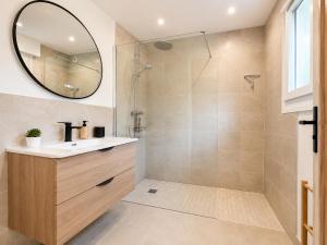 a bathroom with a sink and a shower with a mirror at Le Jardin de Villevaudé, proche Disney & Paris in Villevaudé