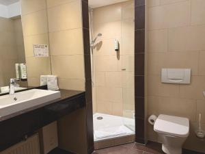 ein Badezimmer mit Dusche, Waschbecken und Toilette in der Unterkunft Olymp Munich in Eching + 99 Fotos