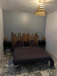 a bedroom with a bed and a chandelier at Domaine de Camentroun in Pomarez