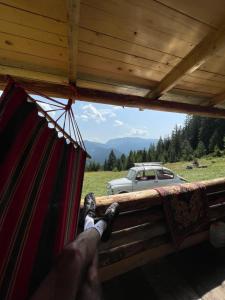 a person in a hammock looking out a window at a car at Ivovik in Rožaje +8 photos