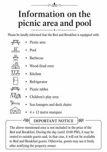 an informational text on the picnic area and pool at Bed and breakfast Al Turchino in Mele