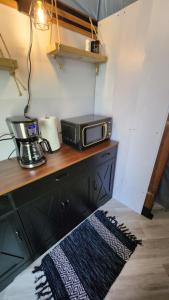 a microwave sitting on top of a wooden desk at Dôme Romanov in Saint-René-de-Matane +29 photos