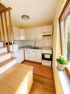 a small kitchen with white cabinets and a table at Digital Detox House Haloze in Podlehnik