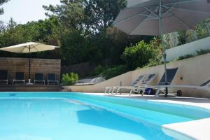 a swimming pool with chairs and an umbrella at Villa JuliMée in Les Issambres +27 photos