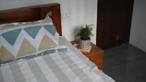 a bedroom with a bed and a plant on a table at Villa Terra, Spacious 2BR Villa in Kannur
