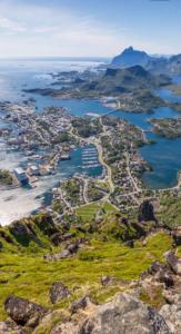 an aerial view of a city and a body of water at Rosahuset in Kabelvåg