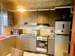 a kitchen with stainless steel appliances and brown cabinets at Gravity Villa Musanze in Ruhengeri