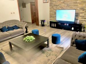 a living room with a couch and a television at Gravity Villa Musanze in Ruhengeri