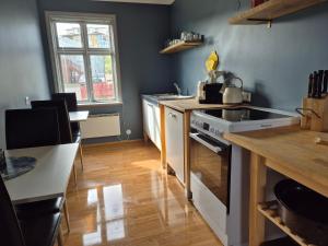 a kitchen with a sink and a stove top oven at Steinhúsið in Hólmavík