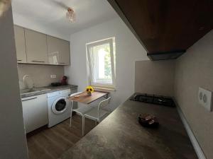 a kitchen with a washing machine and a table at Lena Apartment in Calafat