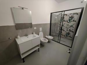 a bathroom with a toilet and a sink and a mirror at Contry House Atessa in Atessa
