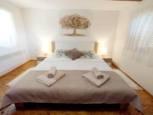 a bedroom with a large bed with two towels on it at Slavotova hiža in Mračin +44 photos