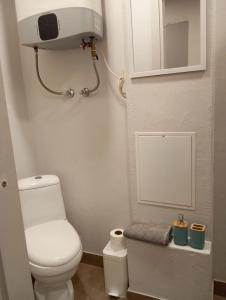 a small bathroom with a toilet and a sink at Saulespuķe-Kuldīgā in Kuldīga