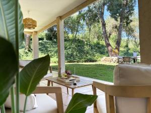 a patio with chairs and a table with a view of a yard at Hotel Rural Xerete in Navaconcejo +35 photos