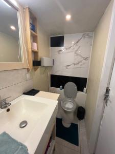 a bathroom with a white toilet and a sink at La caravane du Farfadet in Flangebouche