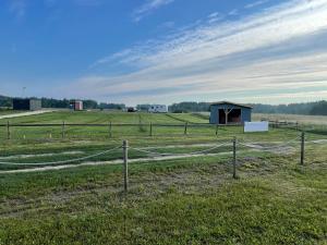 a field with a fence and a smallshed at Weź Wyjdź - Podlaski Glamping in Łazy