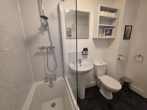 a bathroom with a toilet and a sink and a shower at Single Malt Apartment in the old distillery in Inverlochy +24 photos