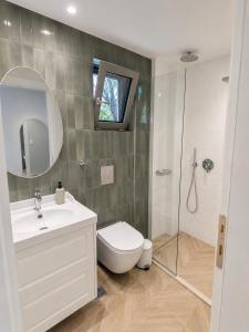 a bathroom with a toilet and a sink and a shower at Maria's Studios in Frangokastello