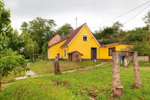 a yellow house on a hill with a yard at Naturparadies an der Saale in Könnern
