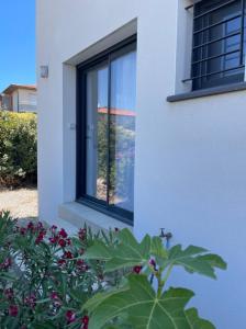 a building with a window and a bush with flowers at Studio dans une villa in Perpignan