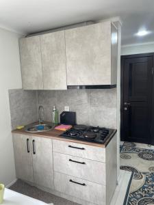 a kitchen with a stove and a sink at Kutbi Guest House in Bokonbayevo