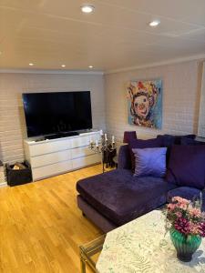 a living room with a couch and a flat screen tv at Gillestugan in Rättvik