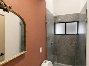a bathroom with a shower and a mirror at Casa DUALIA in San Miguel de Allende