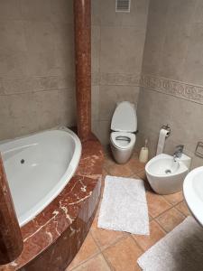 a bathroom with a tub and a toilet and a sink at Chez Bouchra suite Royal in Pont Blondin