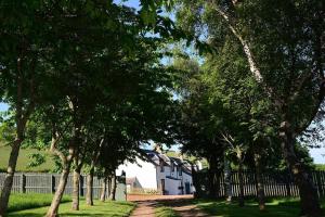 a white house with trees in front of a fence at Kates Cottages Bracken Lodge in Spott