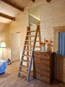 a wooden cabin with a ladder in a room at Puhkemökk in Sõmera