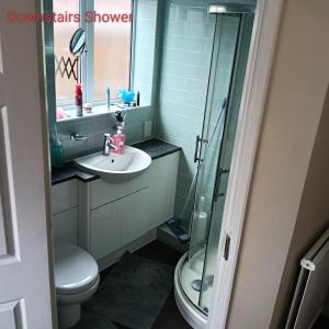 ein Badezimmer mit Toilette, Waschbecken und Dusche in der Unterkunft Double bedroom with shared facilities in Lexden + 8 Fotos
