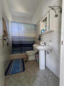 a bathroom with a sink and a toilet and a shower at Don Bazilio Brace in Leptokarya