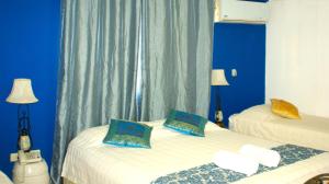 zwei Betten in einem Zimmer mit blauen Wänden in der Unterkunft Hotel Arthaus in Asunción + 5 Fotos