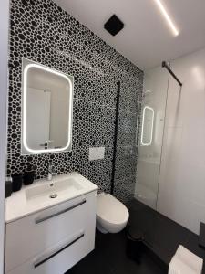 a bathroom with a sink and a toilet and a mirror at Notos Suites in Athens +11 photos