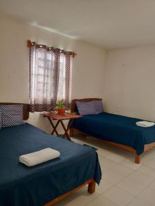 a room with two beds and a table and a window at Cozy beachfront house Cocomar in San Crisanto