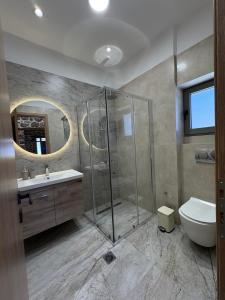 a bathroom with a shower and a toilet and a sink at Amara Centro Luxury Apartments in Mouzaki